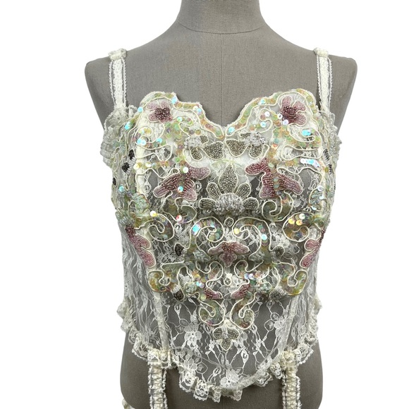 Vtg Victorias Secret Corset Bustier Ivory Lace Sequins Gold Label NWT Sz M - Picture 2 of 8